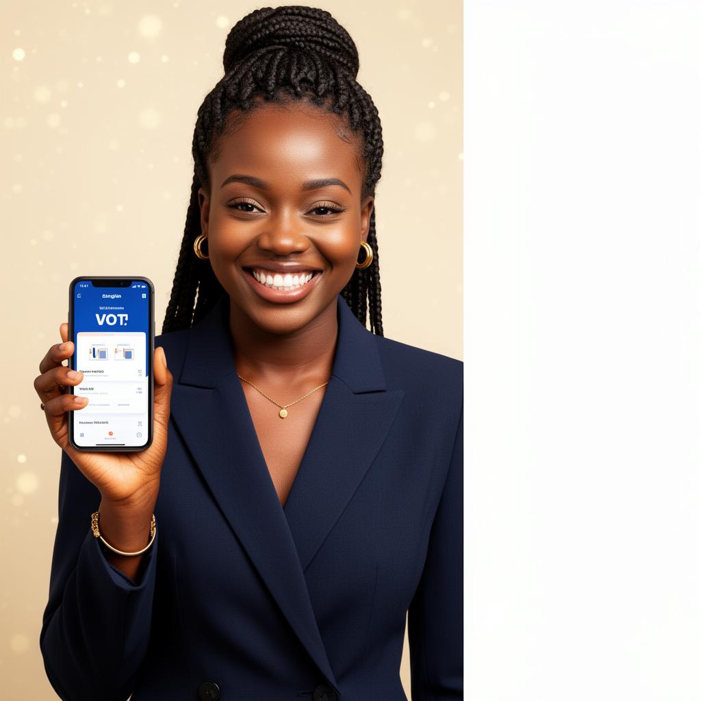 Smiling Ghanaian voter holding phone with VoteFlow app